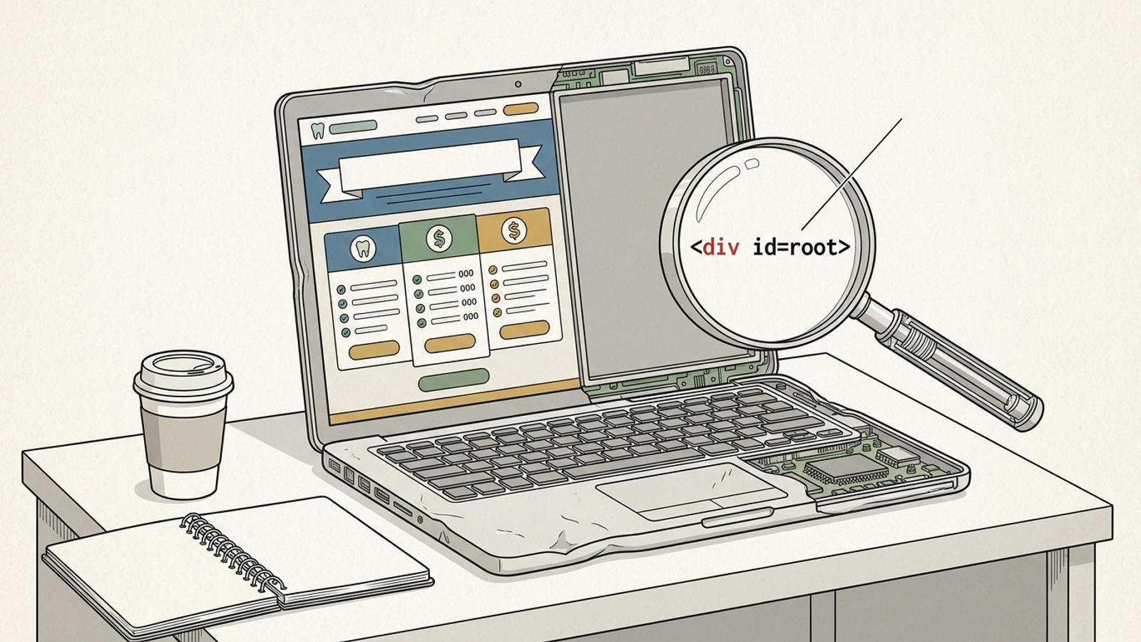 A visible web page beside the empty initial HTML an AI bot may receive