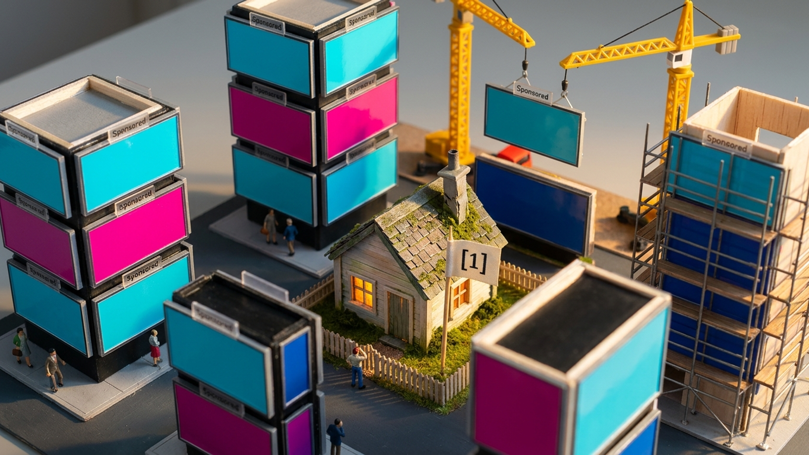 Tabletop model of a tiny cottage flying a "[1]" citation flag, boxed in by rising billboard towers labelled "Sponsored" as cranes build more.