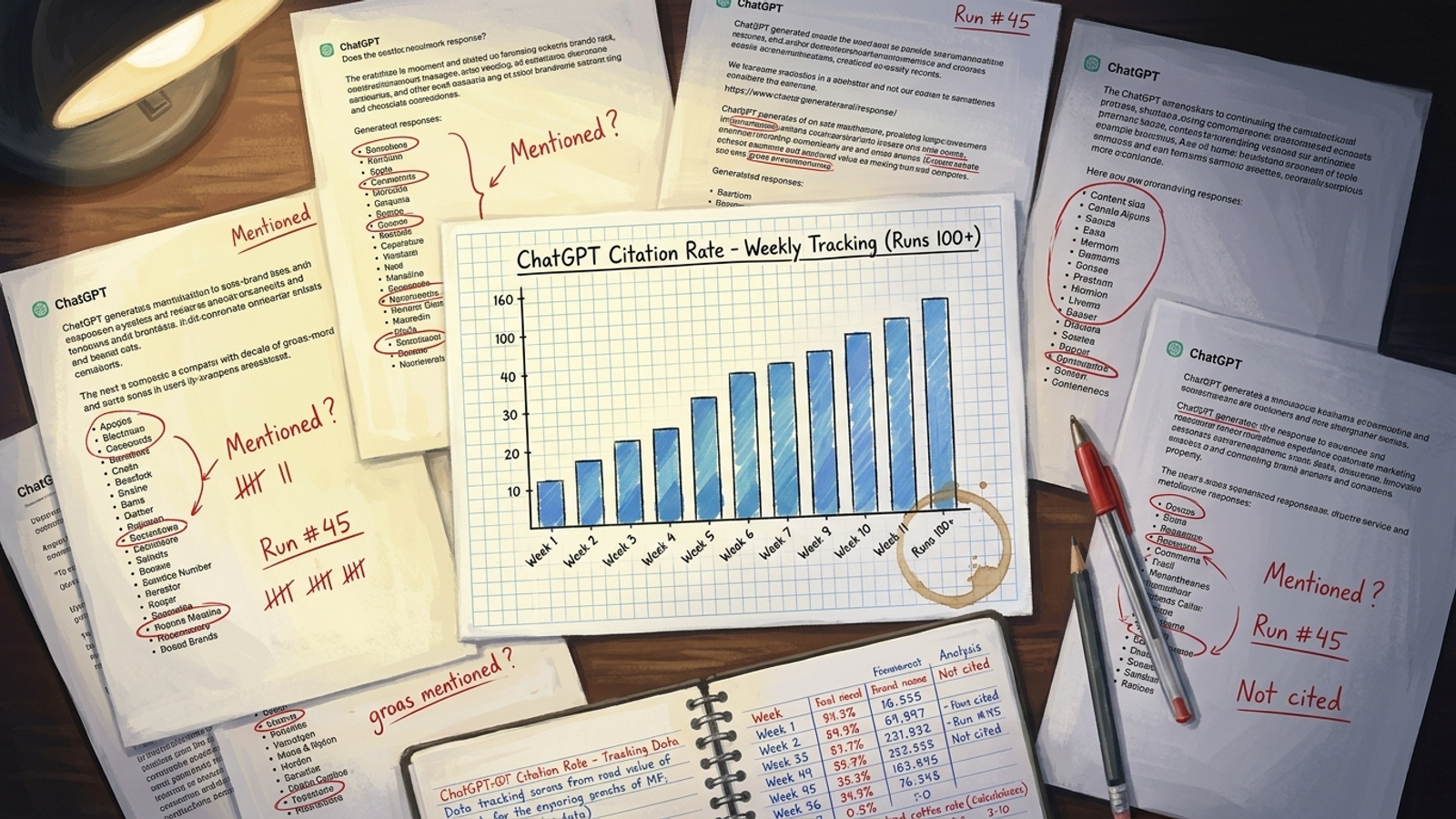 Bar chart tracking citation rate across repeated runs beside a single framed screenshot