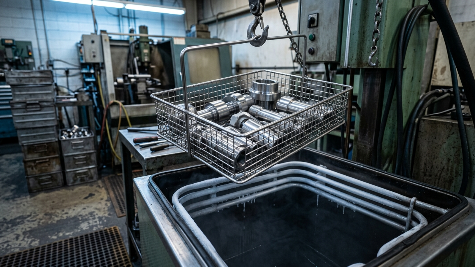 Stainless steel mesh basket of machined aircraft components lifted from a vapor degreaser tank Stainless steel mesh basket of machined aircraft components lifted from a vapor degreaser tank
