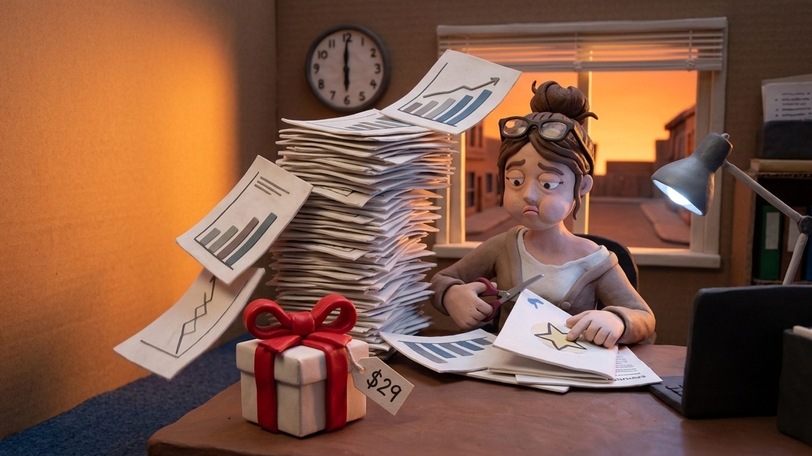 A clay account manager buried under drafts and charts on Friday evening while a tiny gift box tagged $29 sits on her desk: the cheap tool hides the real work.