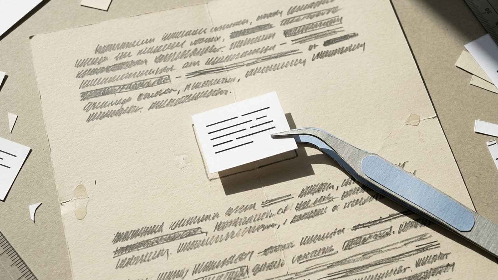 Paper-cut diagram showing a short defined paragraph being lifted by tweezers from a page