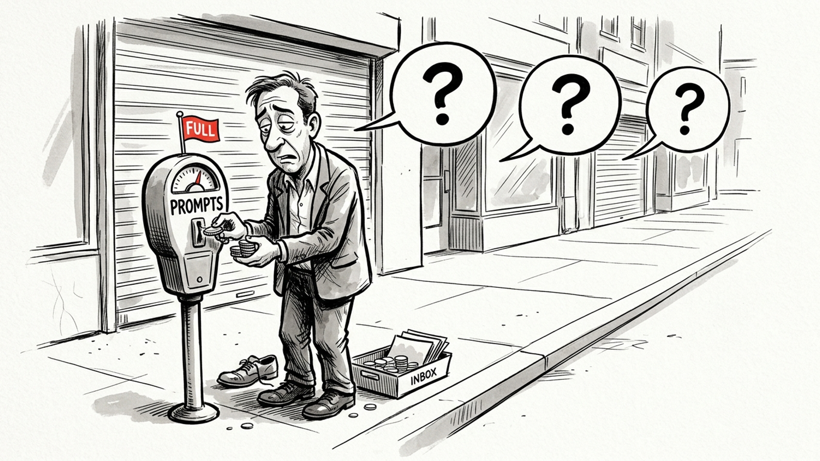 Pen-and-ink cartoon of an agency owner watching a prompt meter while buyers walk past with questions