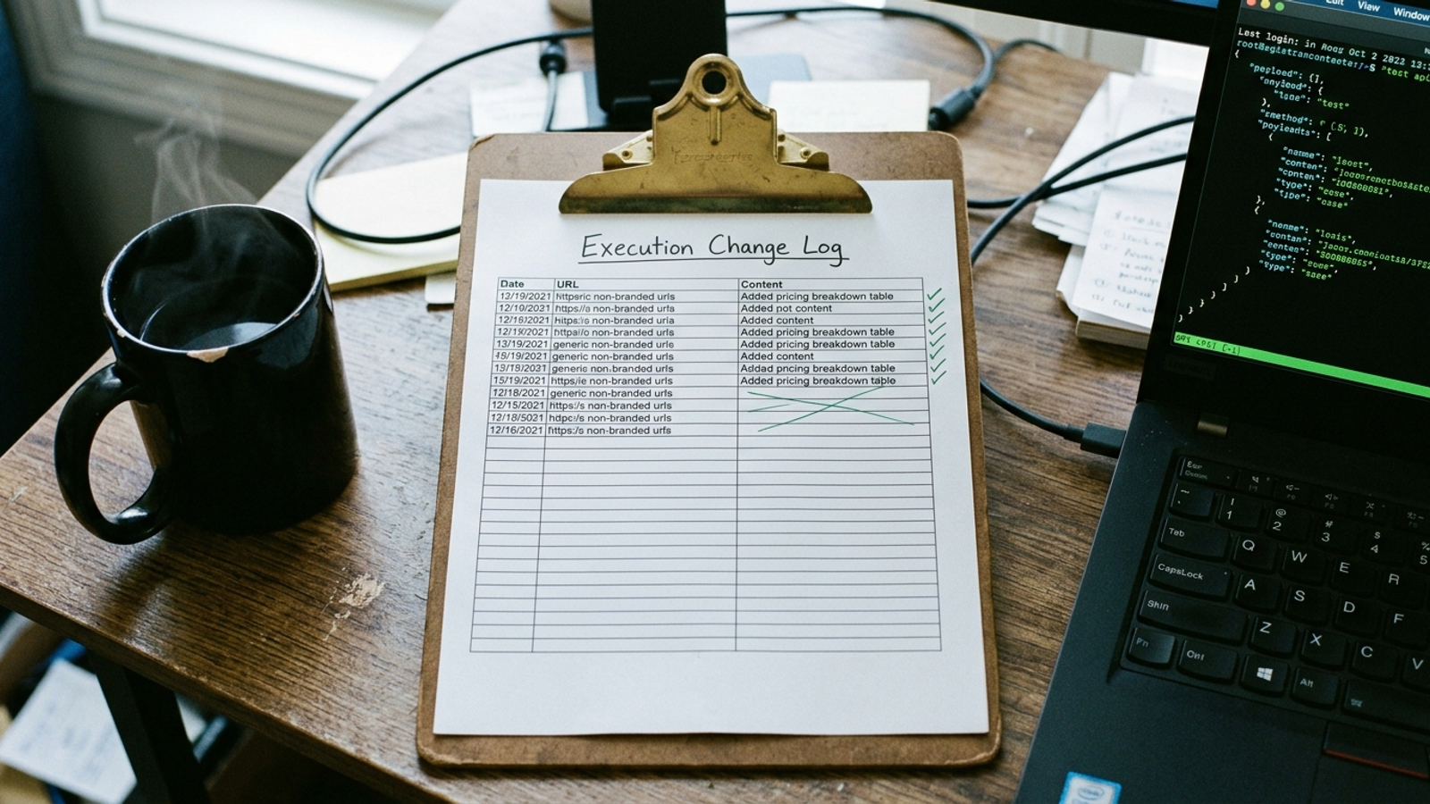 Paper change log beside a terminal displaying JSON output