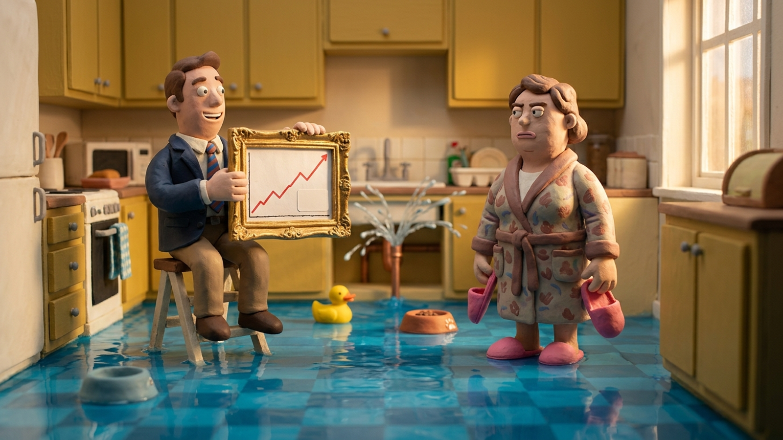 Clay figure proudly hands a framed chart of rising water to a homeowner standing knee-deep in her flooded kitchen as the burst pipe keeps spraying.
