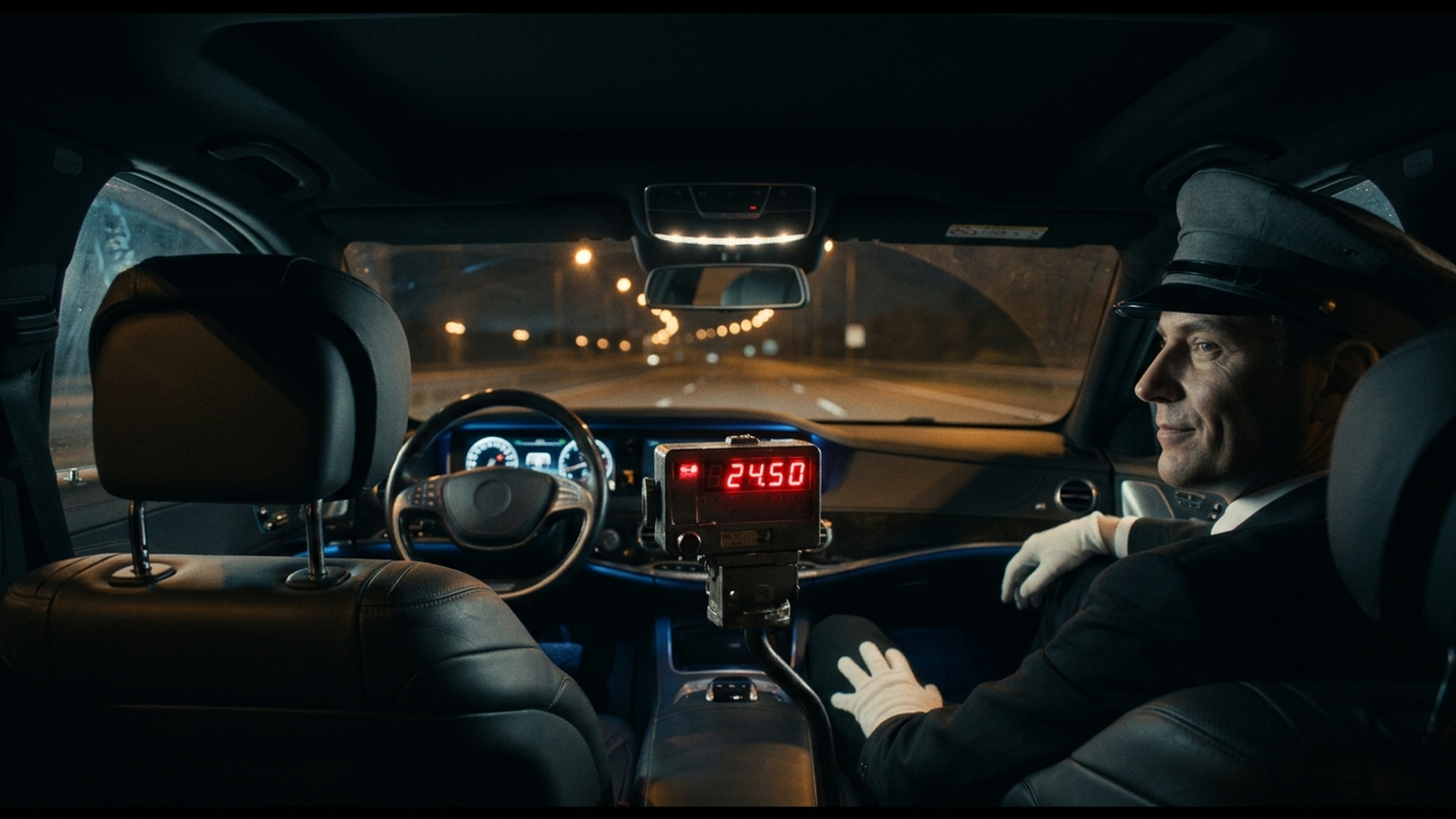 A self-driving car steers itself at night while a chauffeur relaxes in the back watching a taxi meter climb: the machine does the work, the fee keeps running.