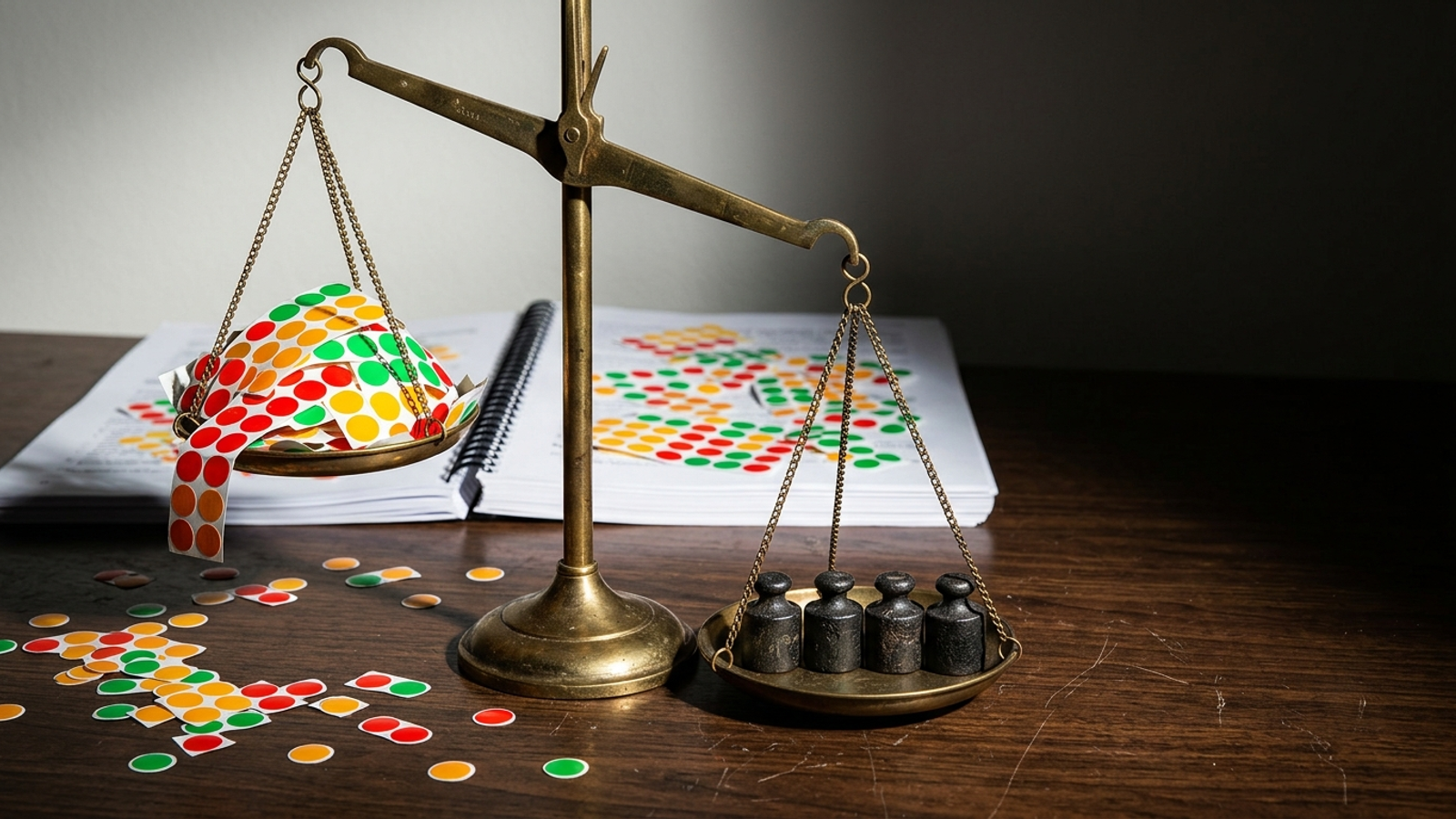 A brass scale where a heap of red, amber and green audit dot stickers is outweighed by five small iron weights: a few checks matter, the rest is padding.