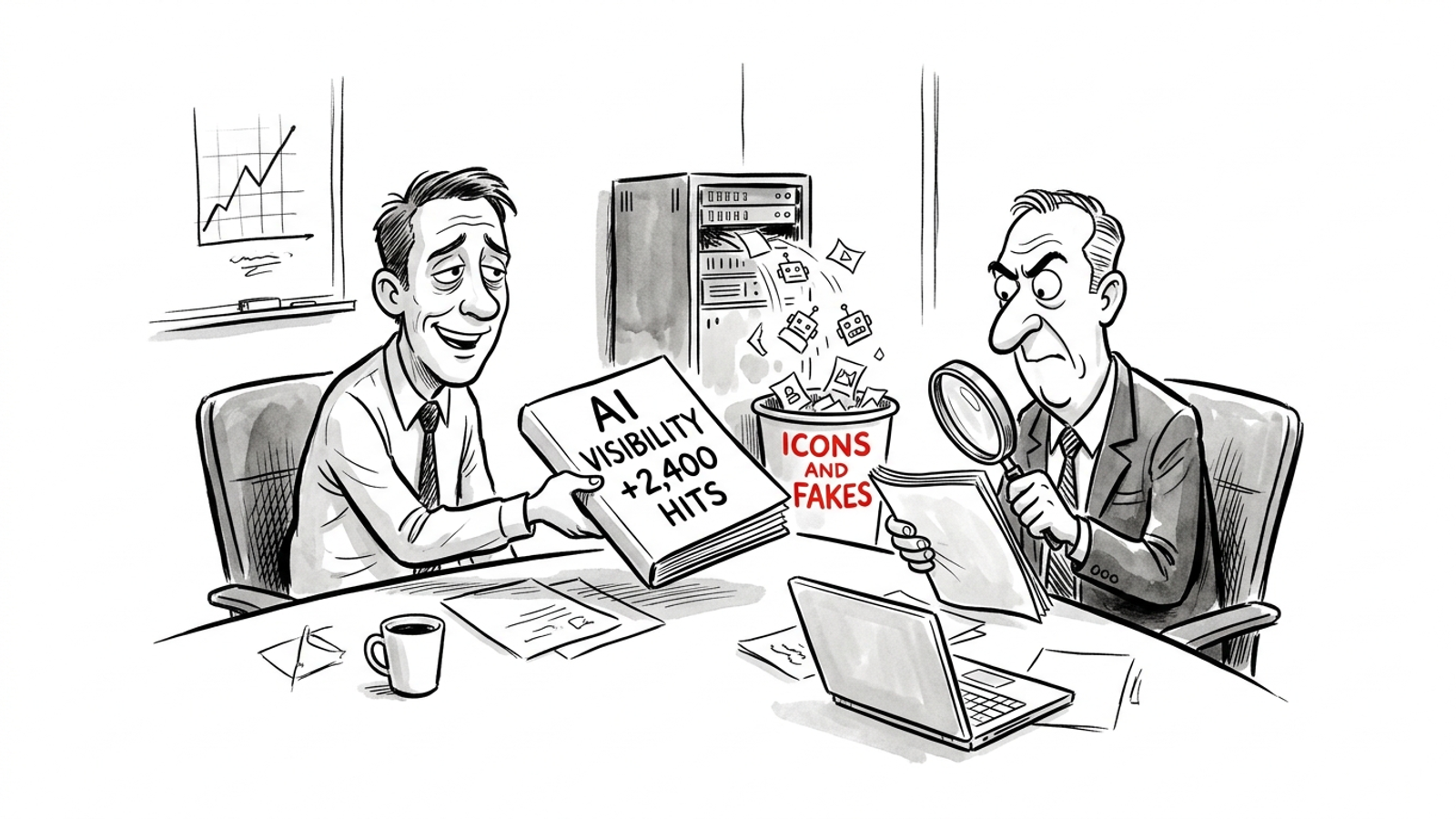 Ink cartoon of an agency sending a client a report inflated by unverified bot hits