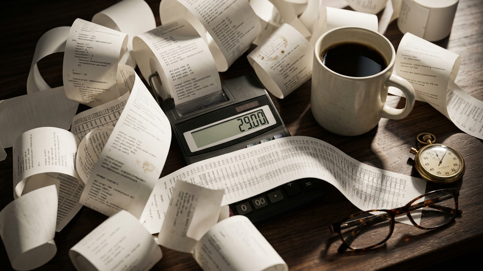 A low software price buried beneath printed spreadsheets and API error logs.
