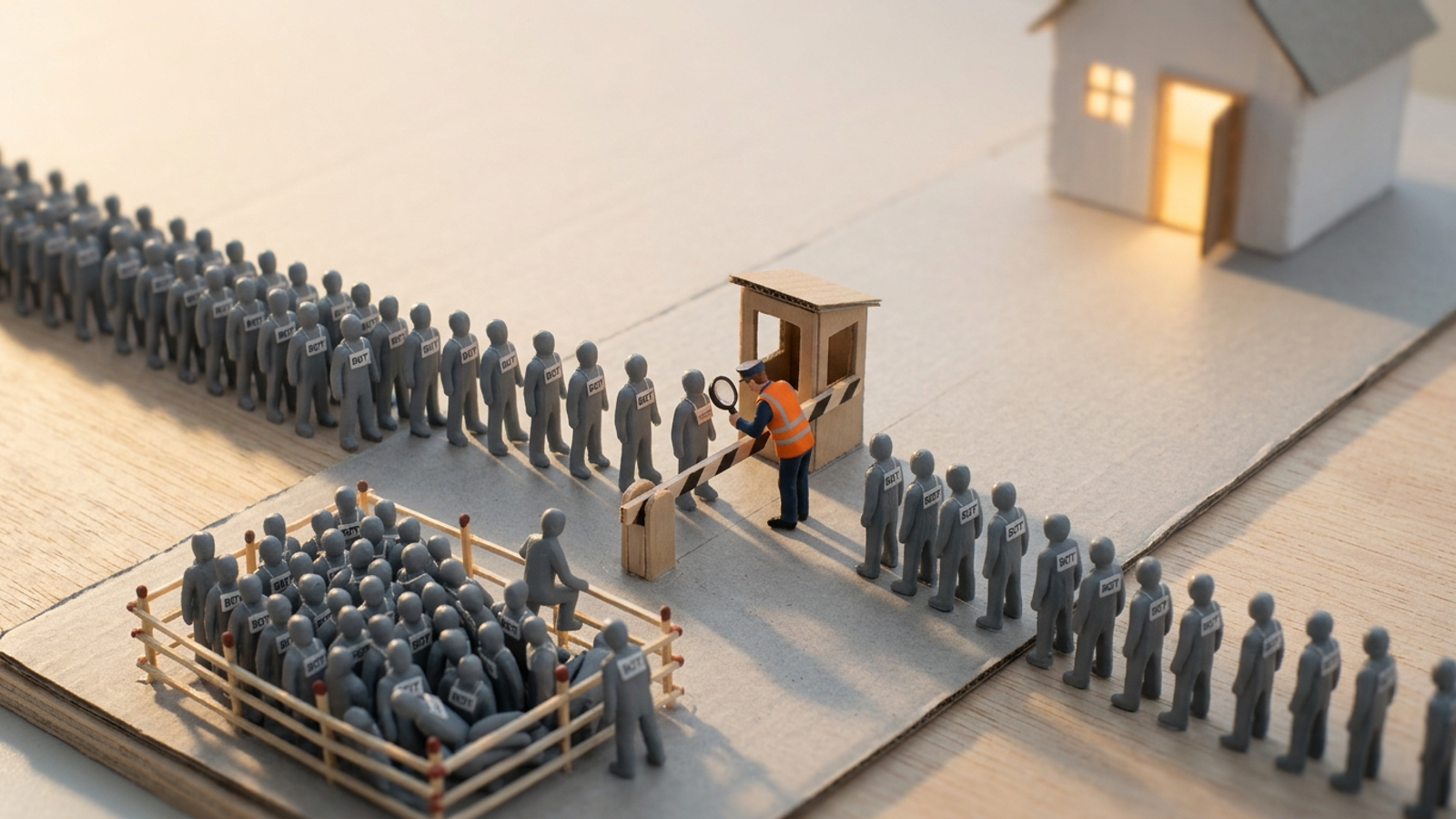 A tiny model checkpoint where an inspector lets few 'BOT'-tagged figurines through while most crowd a holding pen, showing most claimed AI crawlers are fakes.