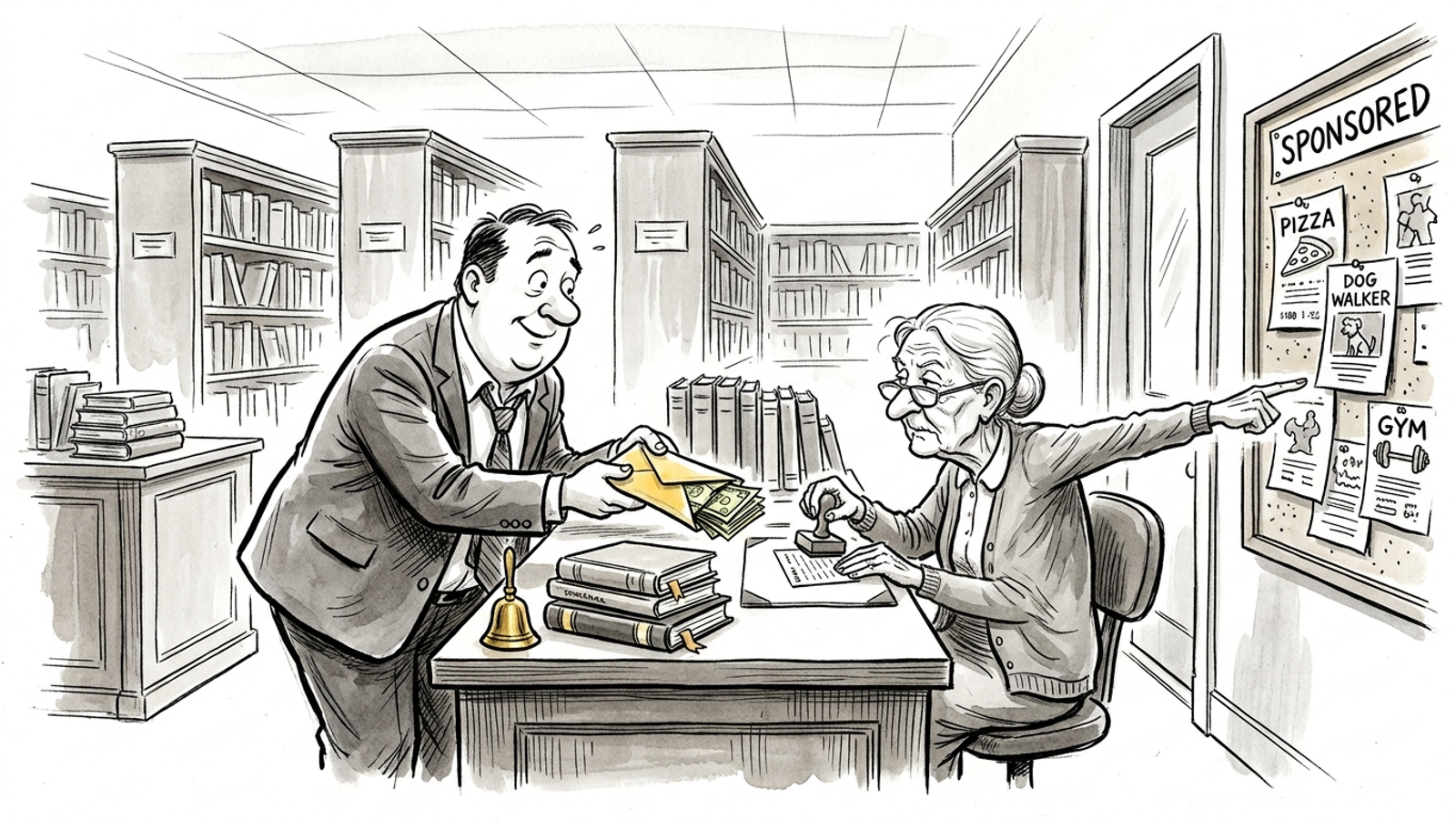 Cartoon: a businessman offers a librarian cash, and she points him to a "SPONSORED" corkboard by the door, since money can't buy a place in the answers.