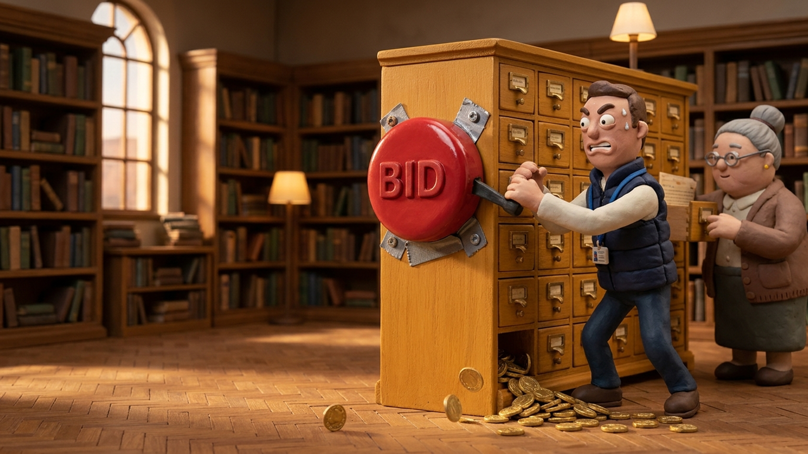 Clay marketer frantically cranks a red BID dial bolted to a library card catalog, coins spilling, while a calm librarian pulls a card from another drawer.
