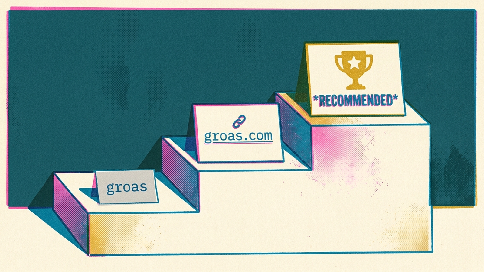 Print-style podium comparing a brand mention, a linked citation, and a recommendation