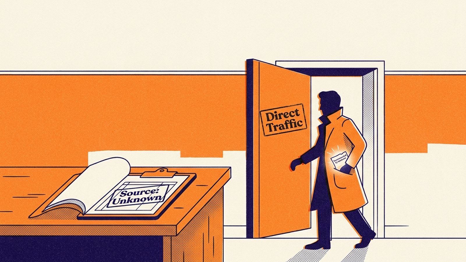 A buyer carries an AI recommendation into a doorway marked Direct Traffic