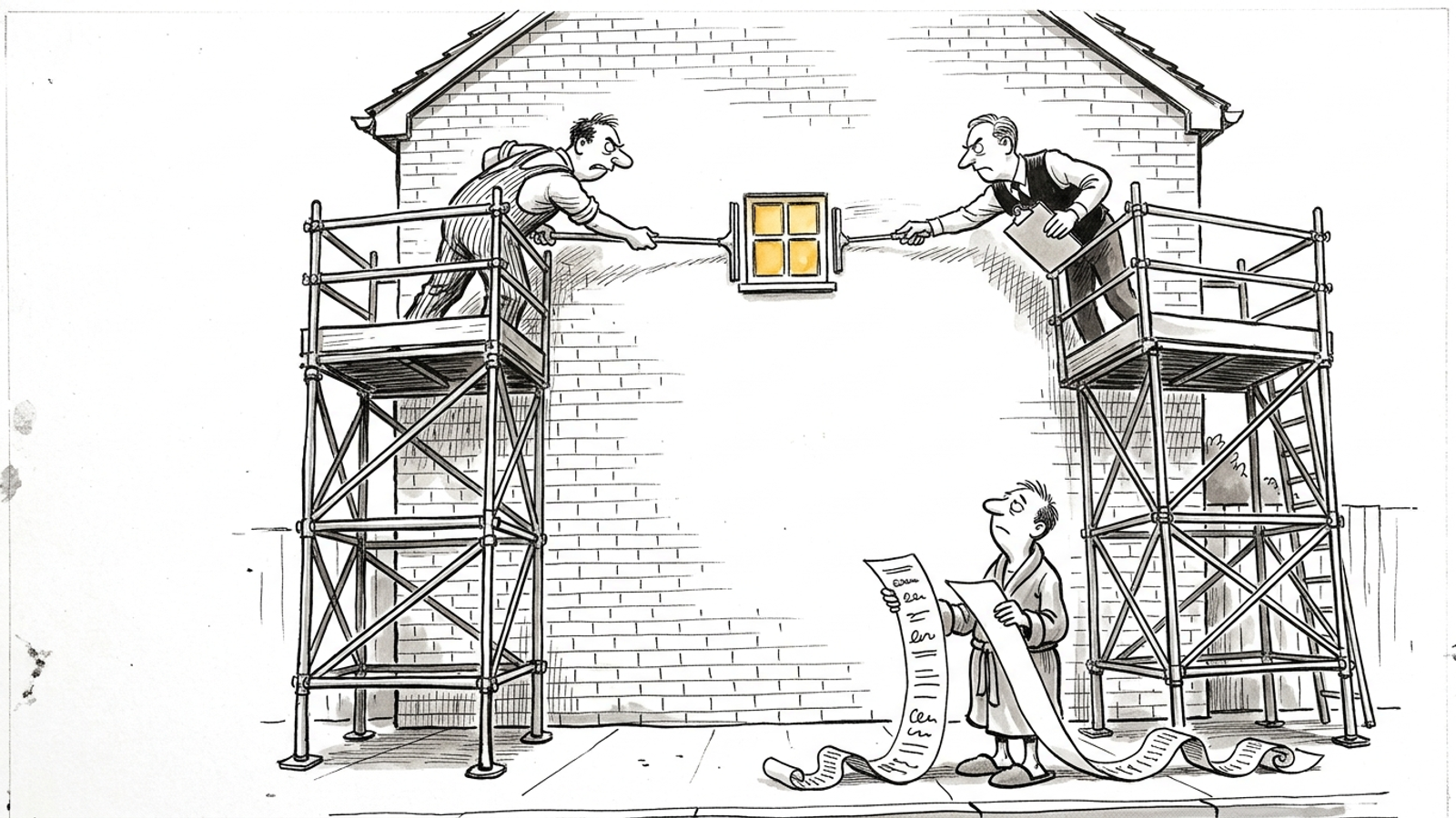 Cartoon of two rival window cleaners on huge scaffolds each washing half of one tiny window while the homeowner holds two long invoices.