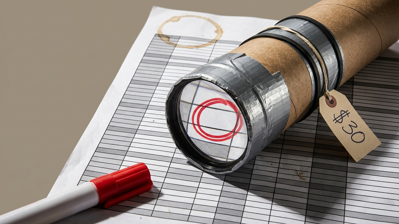 A duct-taped cardboard telescope tagged "$30" magnifies a single red-circled empty cell on a spreadsheet: cheap DIY tracking that finds the gap.