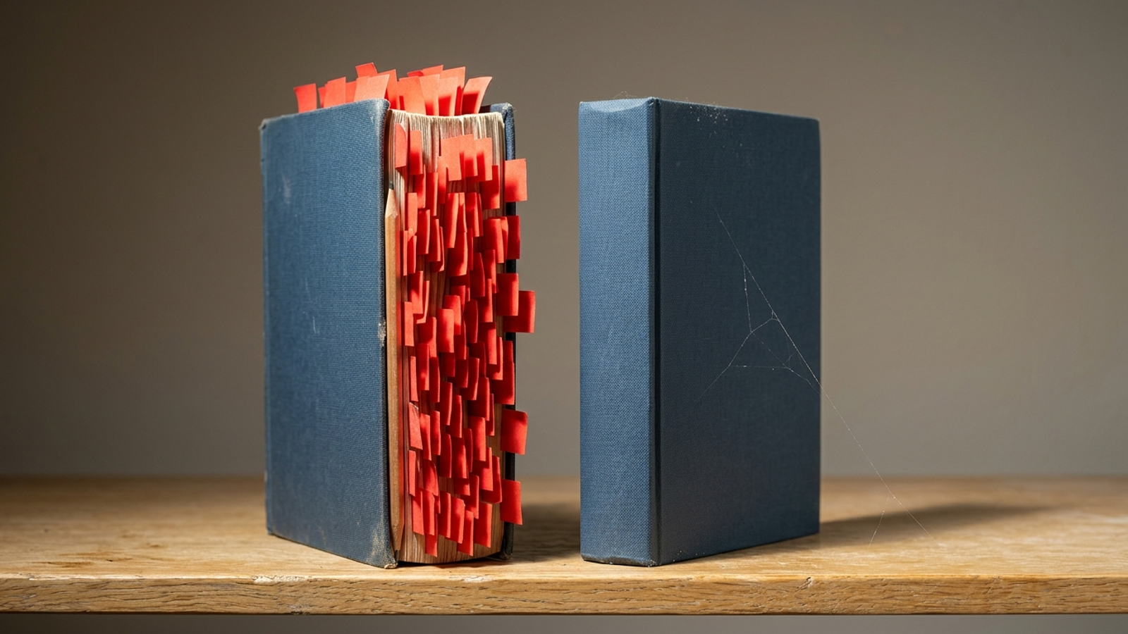 Two identical books on a shelf: one bristles with hundreds of red sticky tabs from constant use, the other sits untouched with a cobweb.