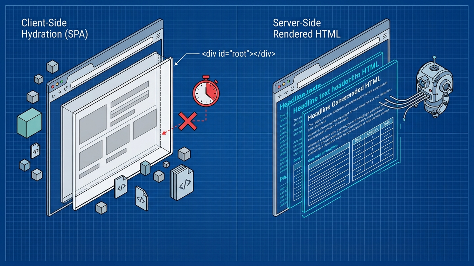 Cutaway diagram comparing a client-side page shell with server-rendered HTML for an AI crawler