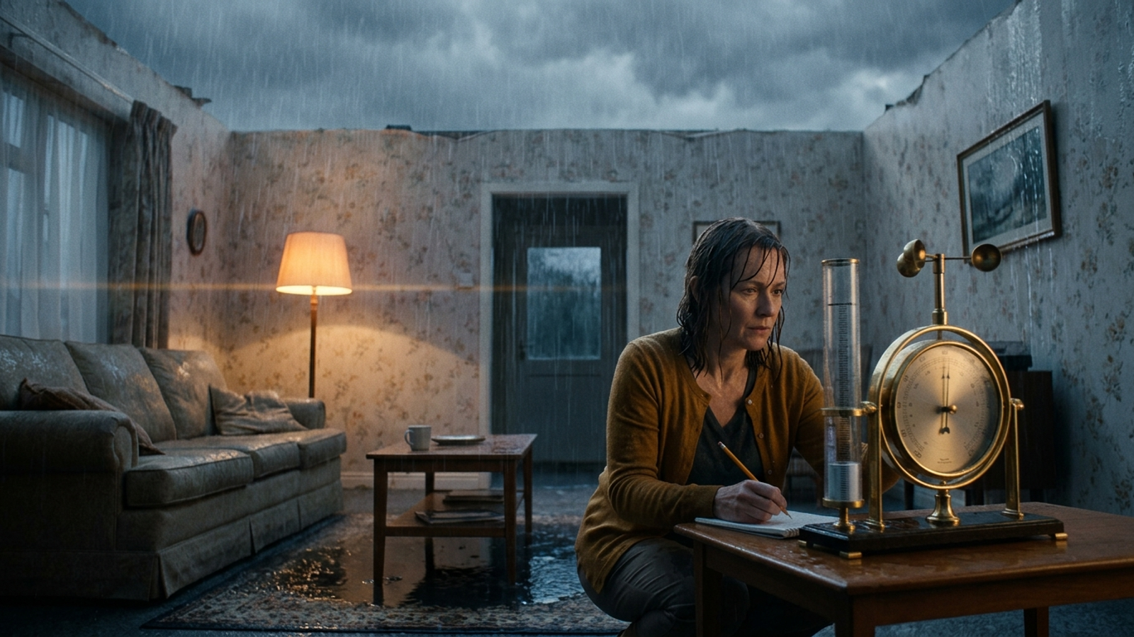 A woman carefully reads a fancy rain gauge in a living room with no roof as rain floods in: perfect measurement, nothing actually fixed.