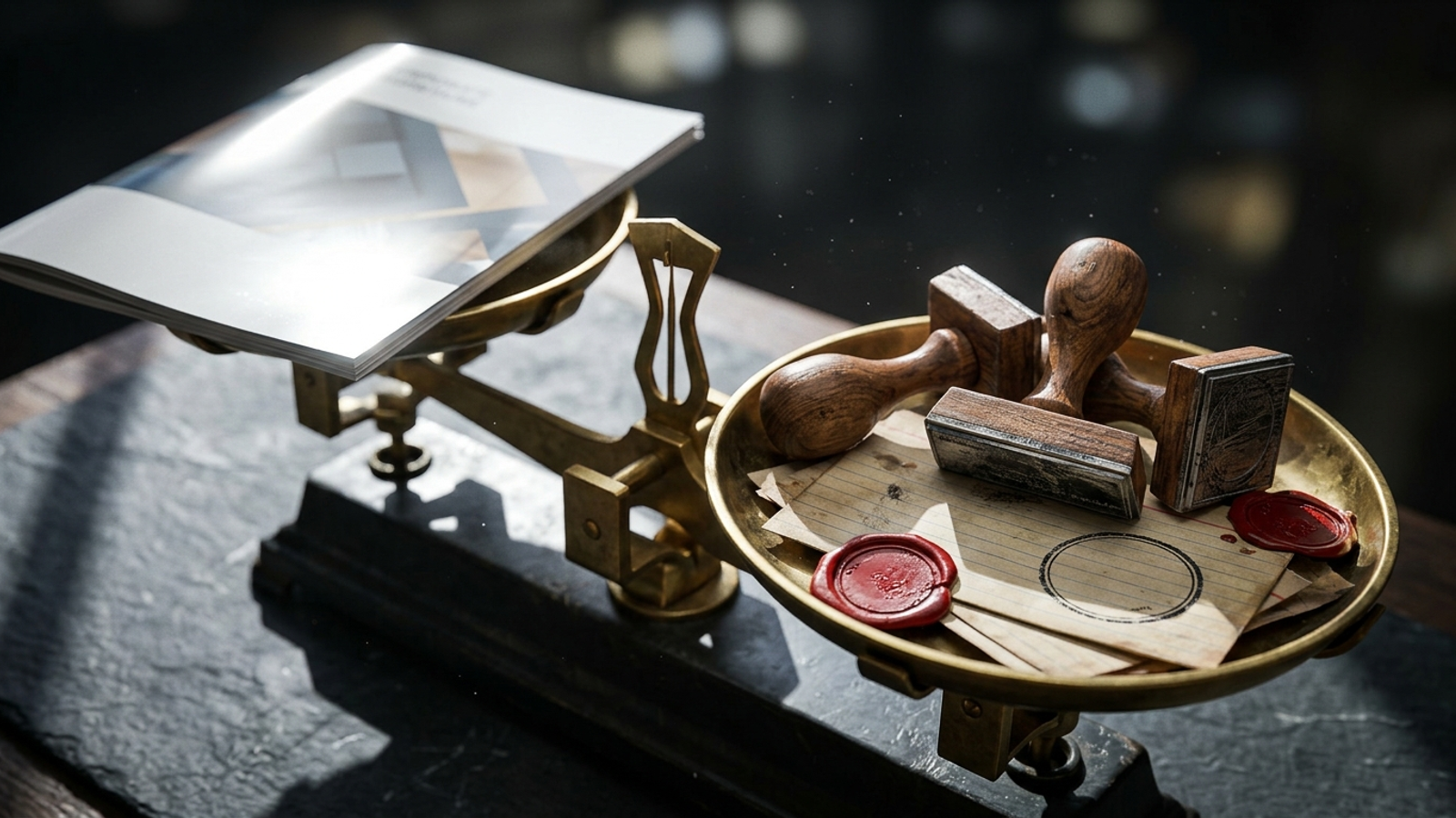 Balance scale with third-party verification seals outweighing a vendor brochure.