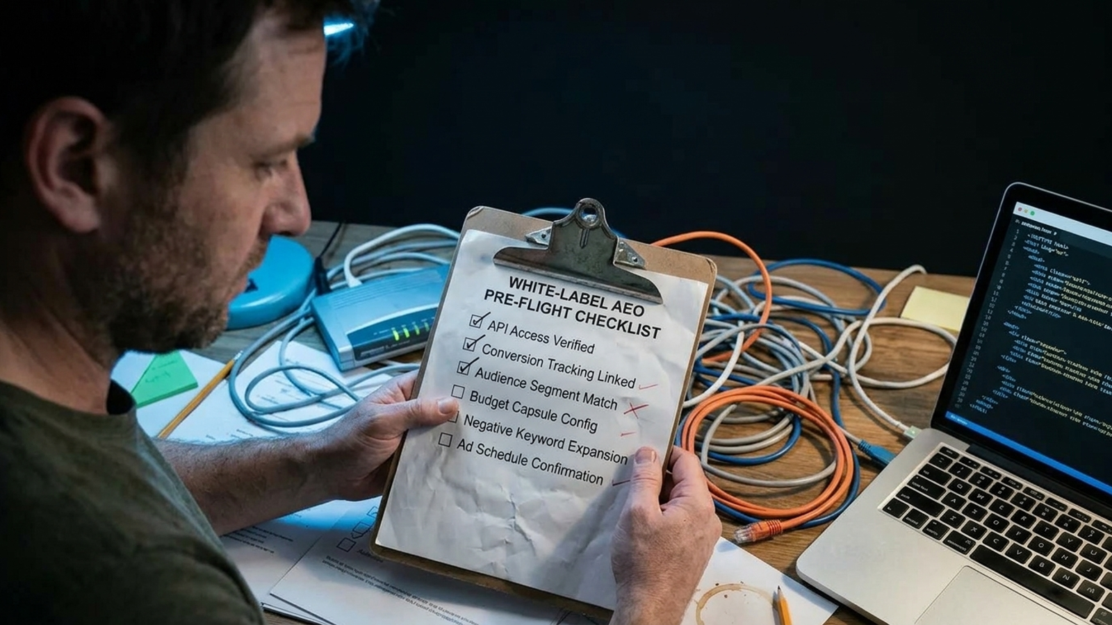Pre-flight checklist beside tangled website cables and server lights
