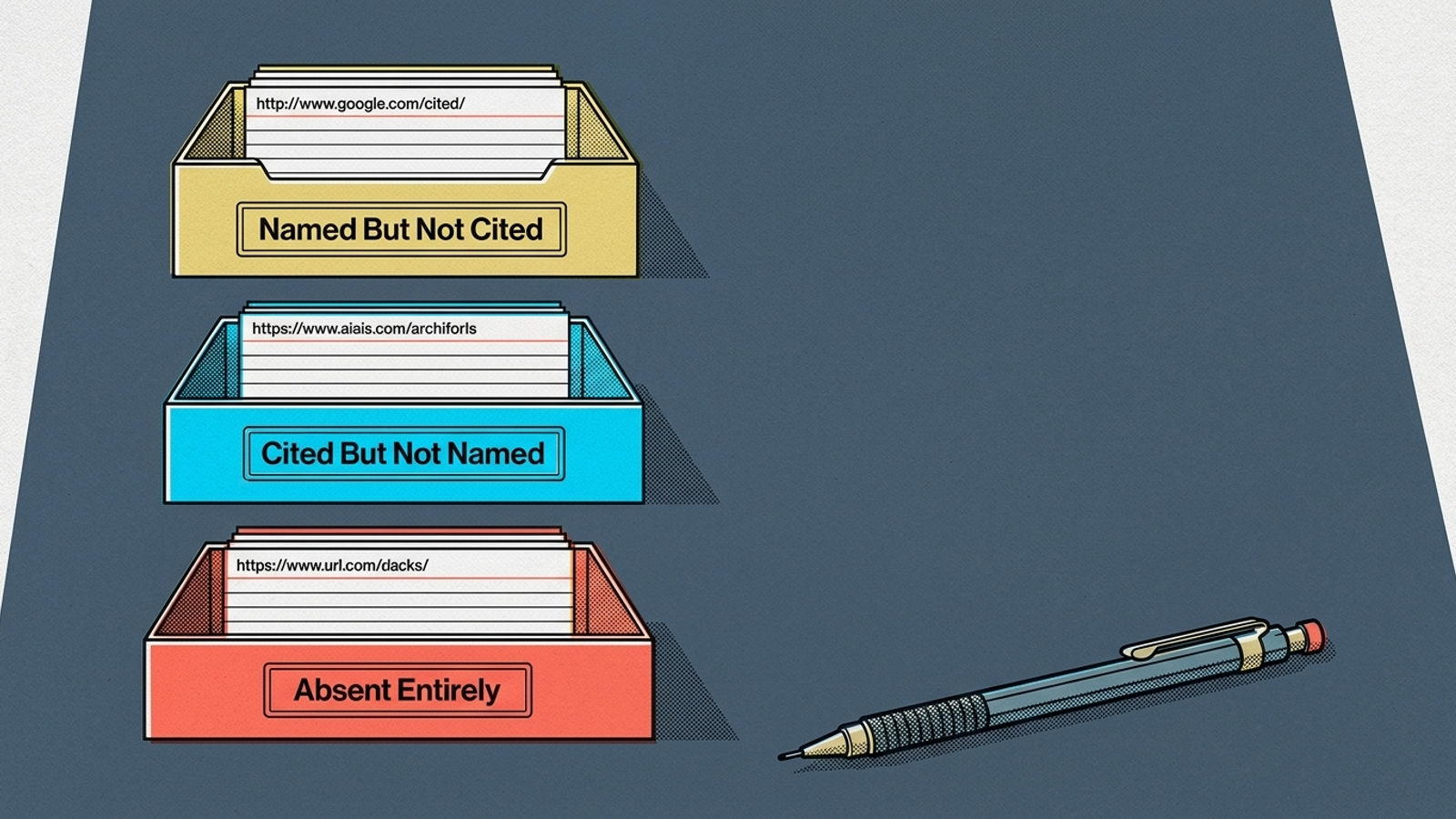 Top-down audit checklist showing the gap labels Named but Not Cited, Cited but Not Named, and Absent Entirely.