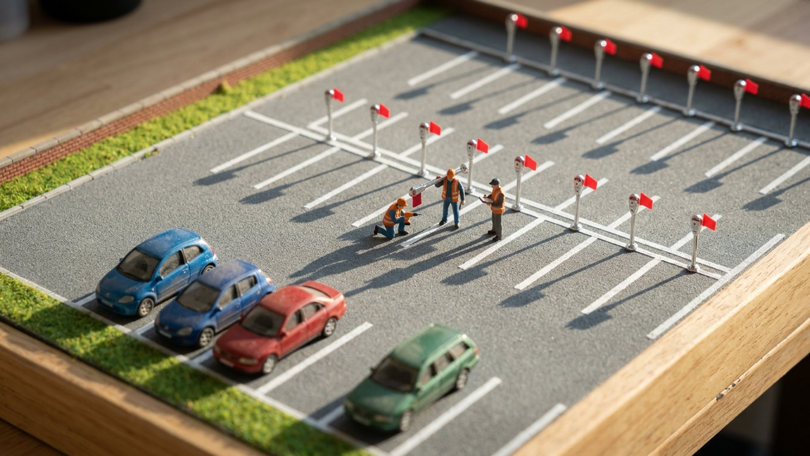 A miniature car park where a tiny crew installs parking meters bay by bay toward the last few free spaces, already taken by early cars.