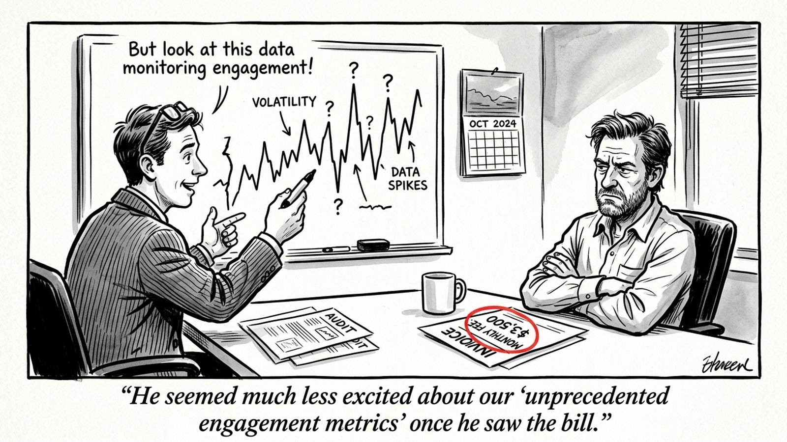 A skeptical client watches an agency presenter explain a fluctuating AI visibility chart.