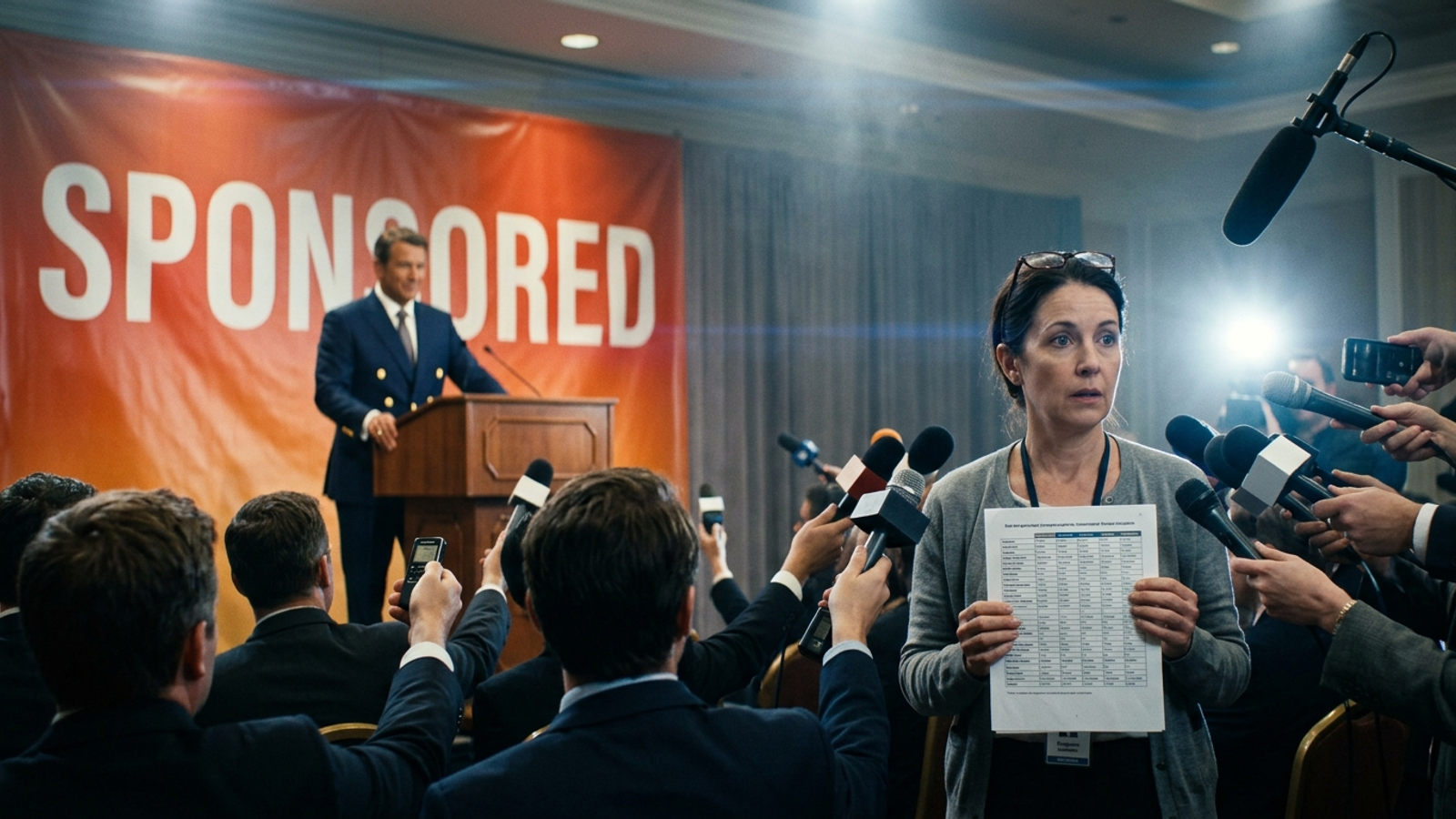 At a press conference, a sponsor stands under a big "SPONSORED" banner while every reporter's microphone points at an engineer holding a clear spec sheet.