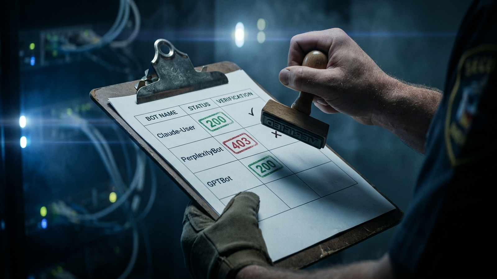Server log lines stamping approved entry for verified AI bots while blocking impostors