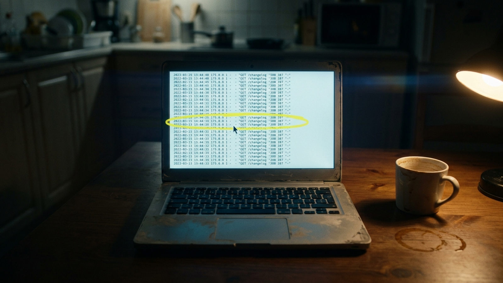 A laptop displaying edge logs, with one changelog URL highlighted