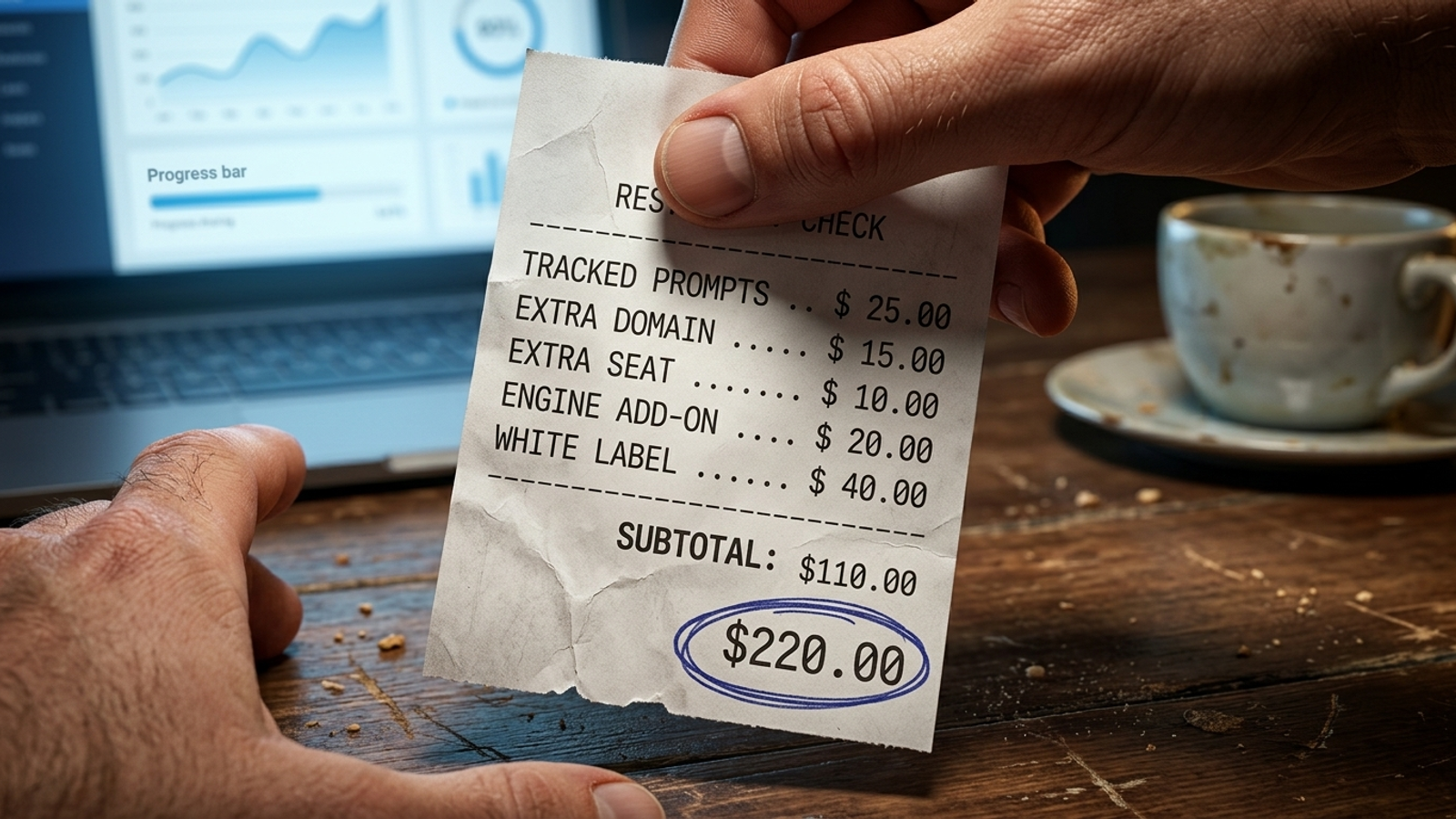 A restaurant bill with extra charges printed as separate lines.