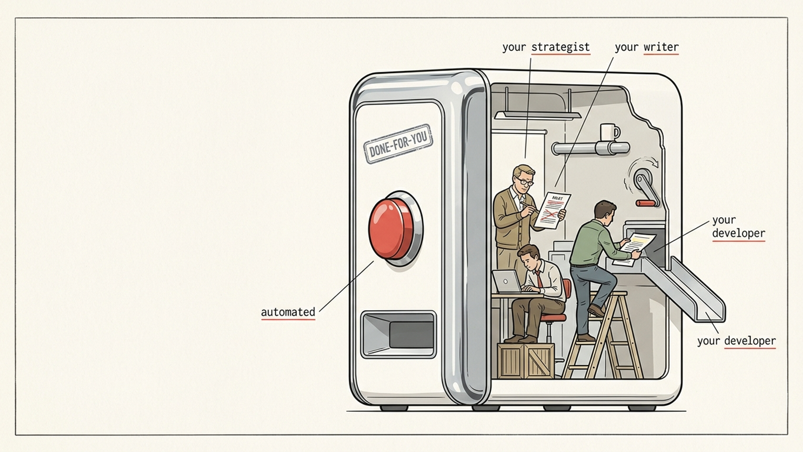 Cutaway of a shiny 'done-for-you' machine revealing tiny agency staff inside doing the work by hand, so the automation is really your own team.