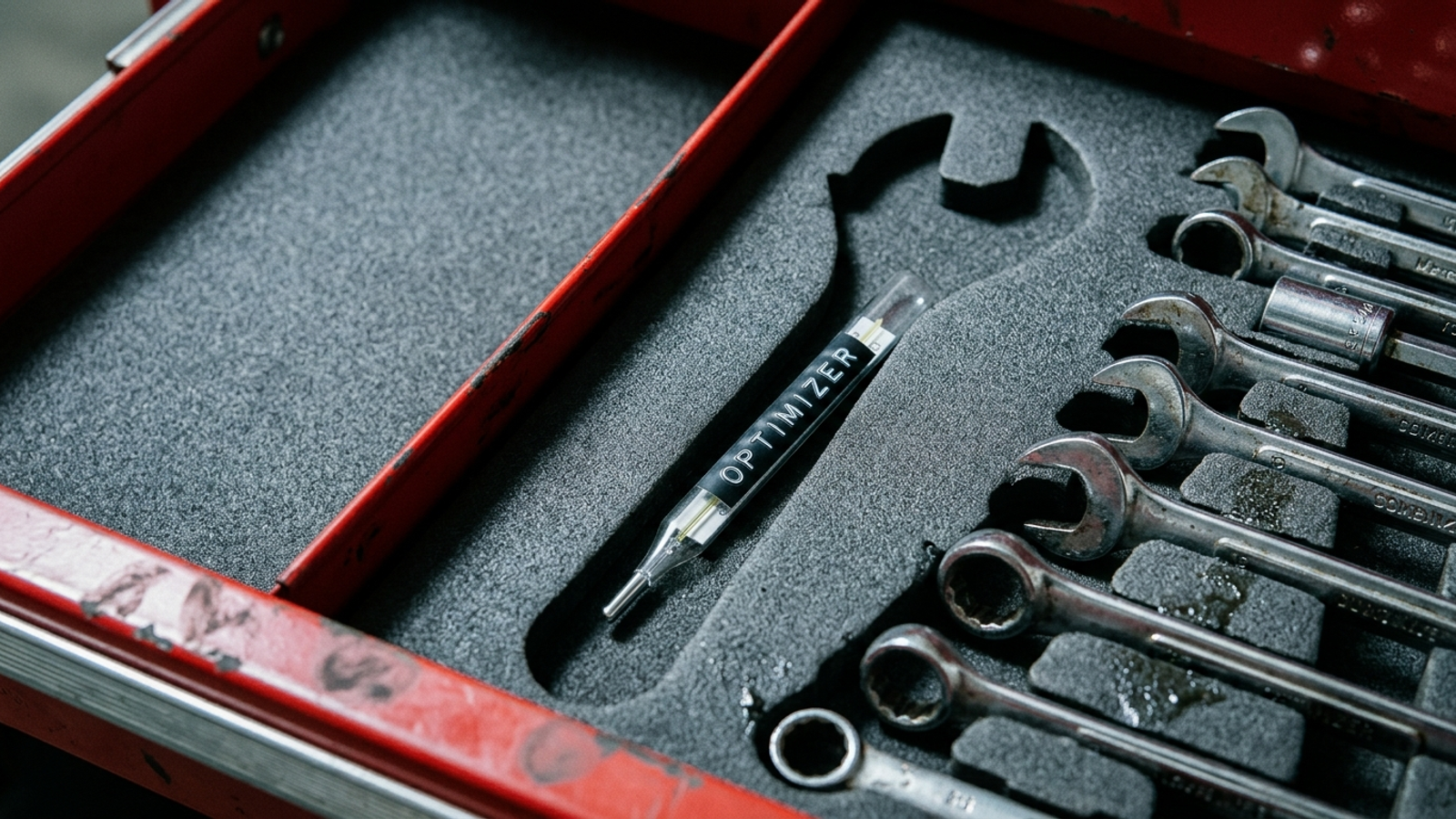 A toolbox where a big wrench should sit holds only a thermometer labelled "OPTIMIZER": a measuring tool sold as a fix.