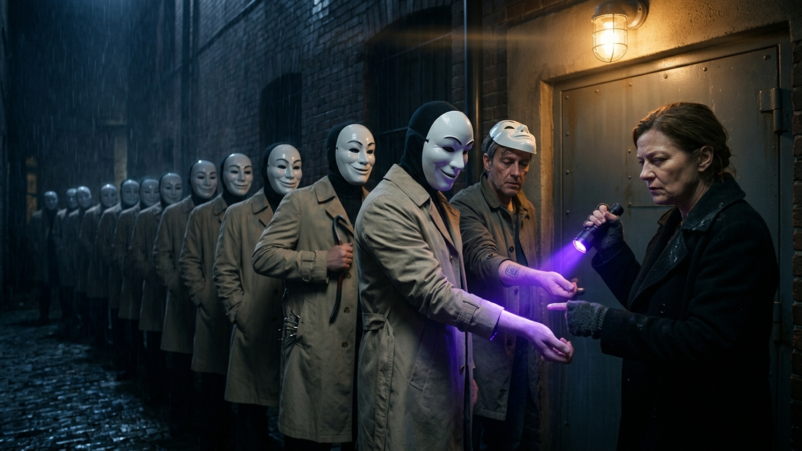 A doorwoman shines a UV torch on a queue of identically masked visitors, revealing that most are impostors and only a few are verified guests.