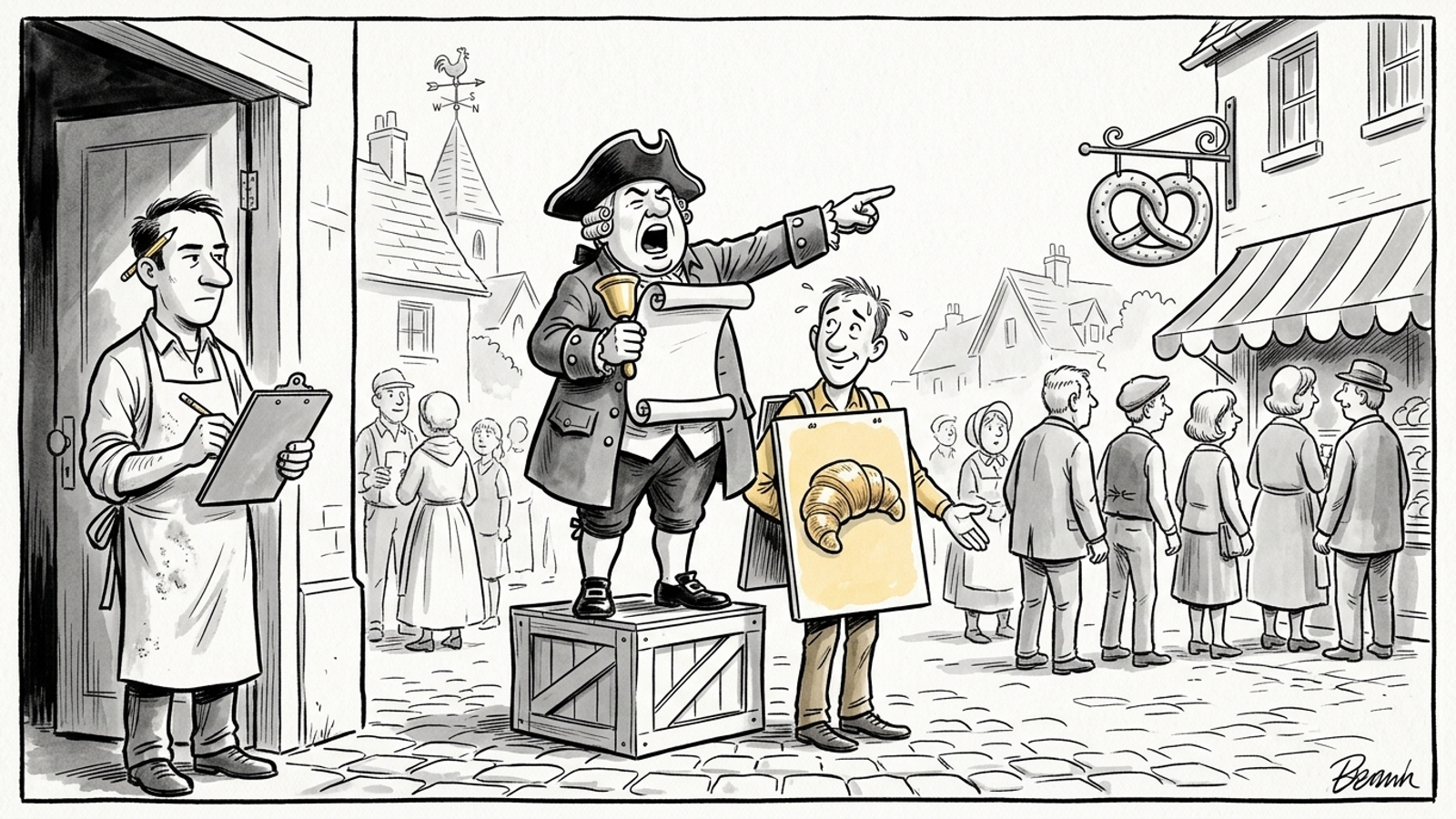 Cartoon of a town crier pointing crowds to a rival bakery while a paid sandwich-board ad stands beside him and the overlooked baker tallies it on a clipboard.