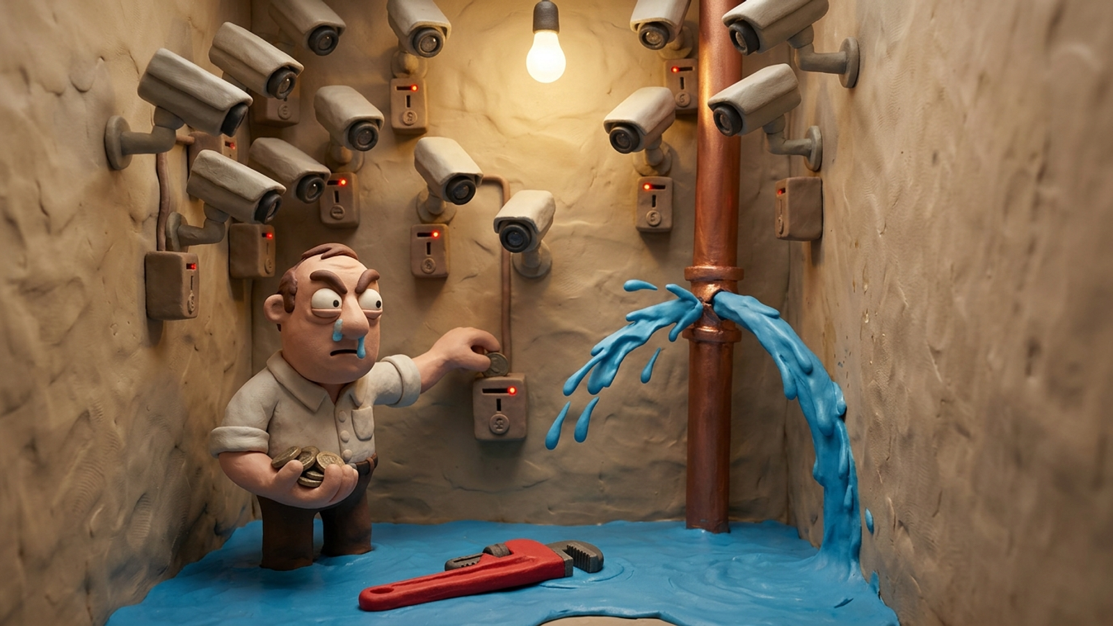 Clay figure feeds coins into a wall of security cameras watching a burst pipe flood a basement, while the wrench that could fix it lies ignored.
