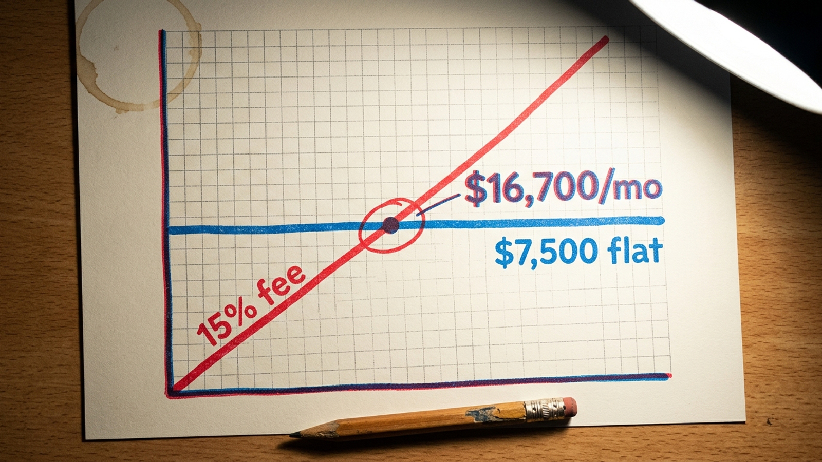 Line chart illustrating where a 15% fee with no setup crosses a flat $7,500 fee at about $16,667 in monthly spend