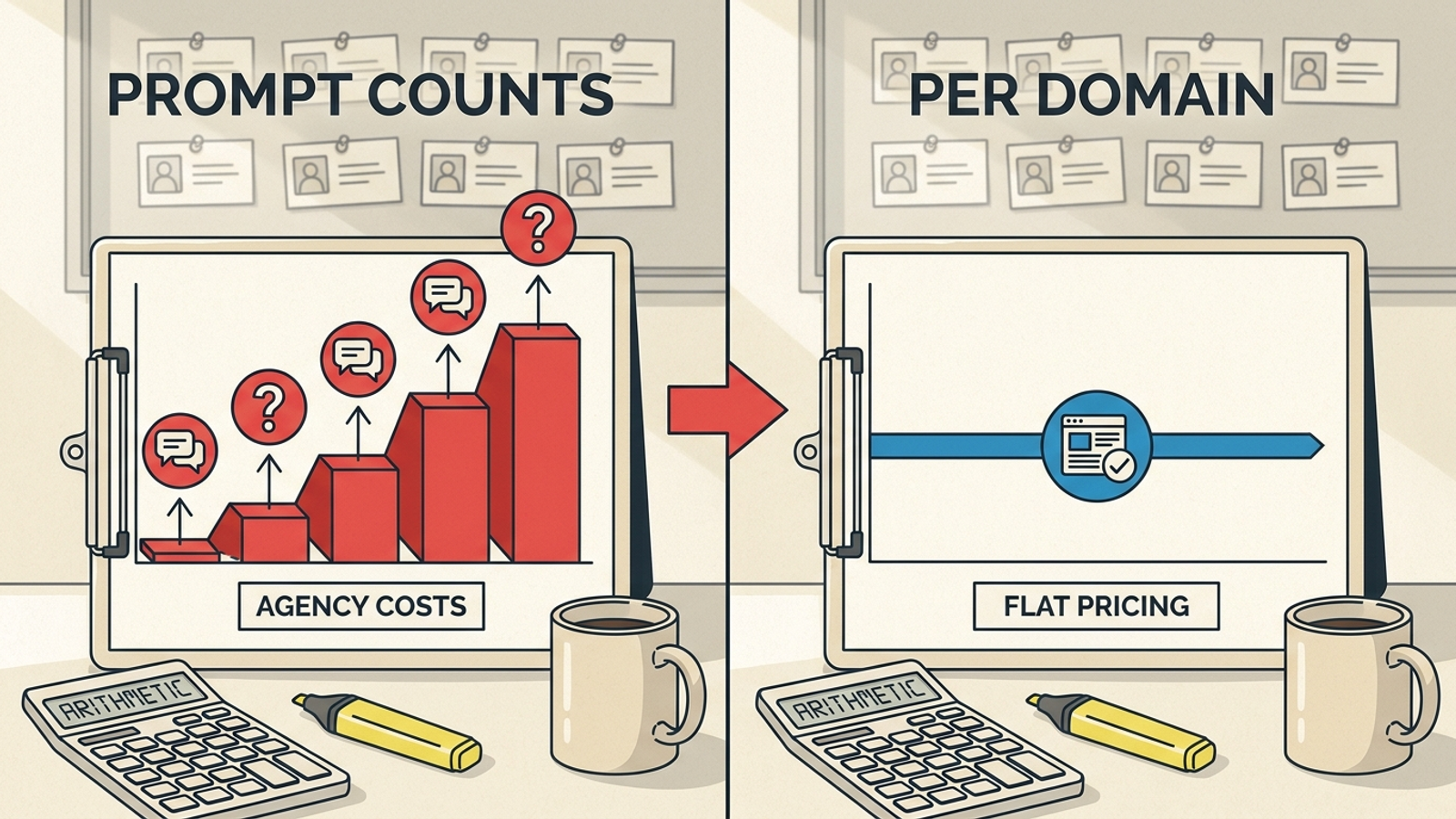 Chart contrasting costs tied to tracked prompts with a flat per-domain fee