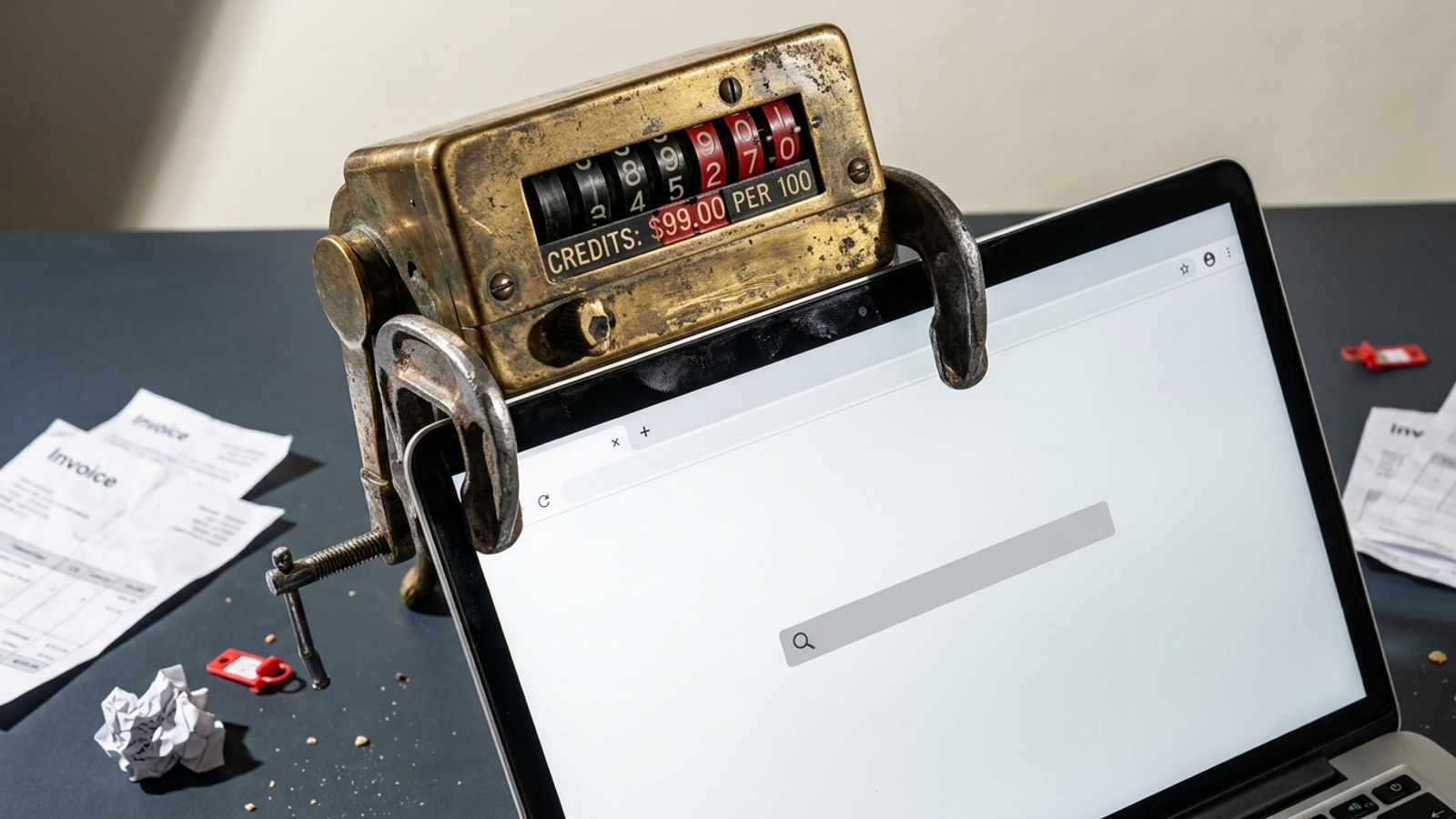 Vintage brass taxi meter bolted to a laptop, its fare rising beside an empty search bar.