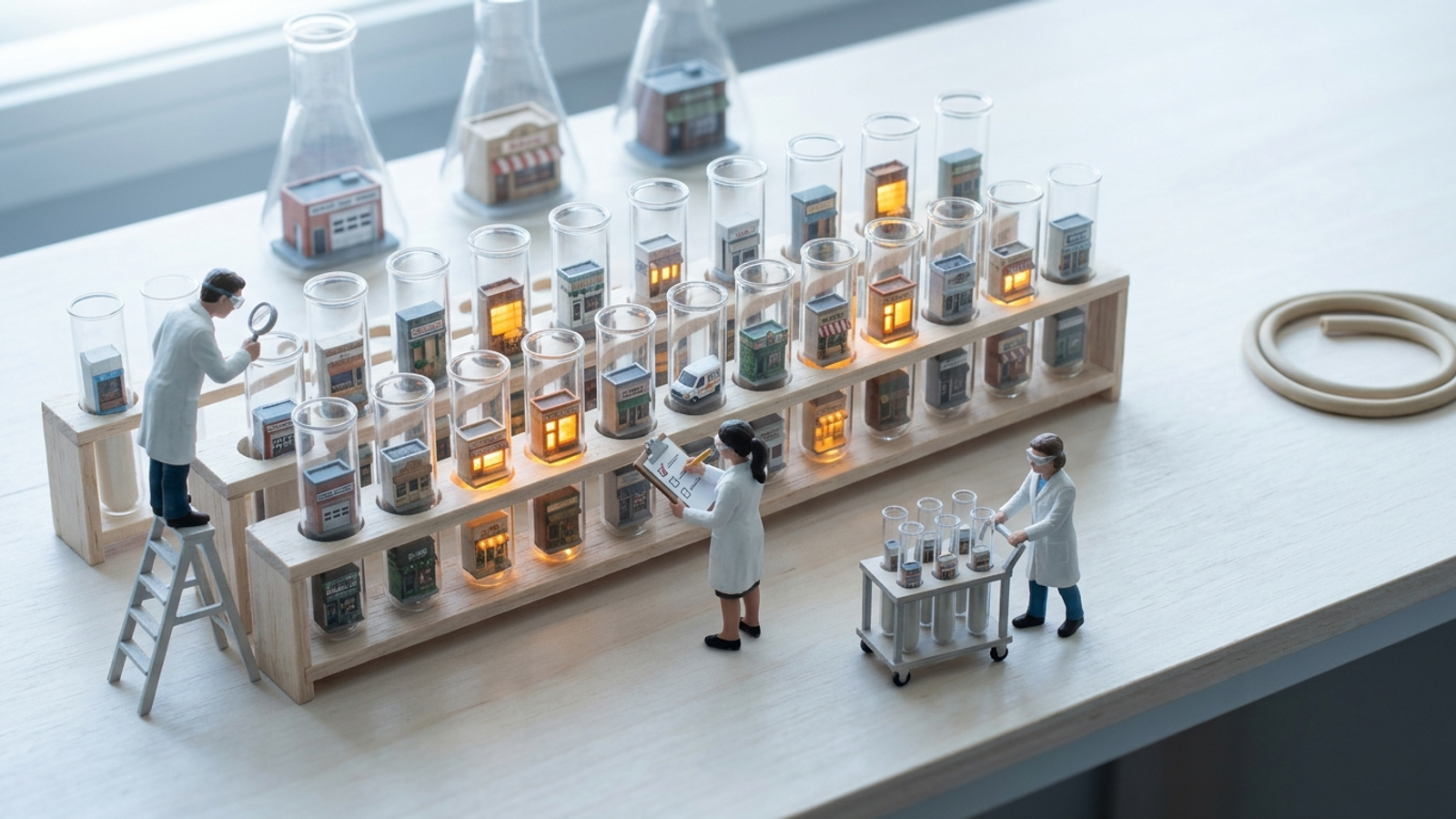 Tiny lab technicians test rows of glass tubes holding miniature shops, some lit and some dark, showing AI visibility measured by repeated experiment.