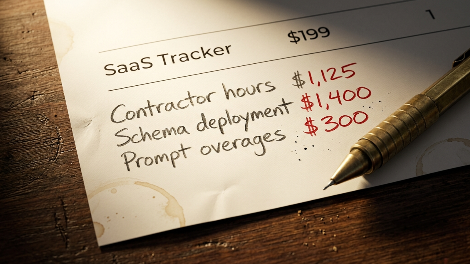 A $199 software invoice surrounded by handwritten charges for contractor hours and code fixes.