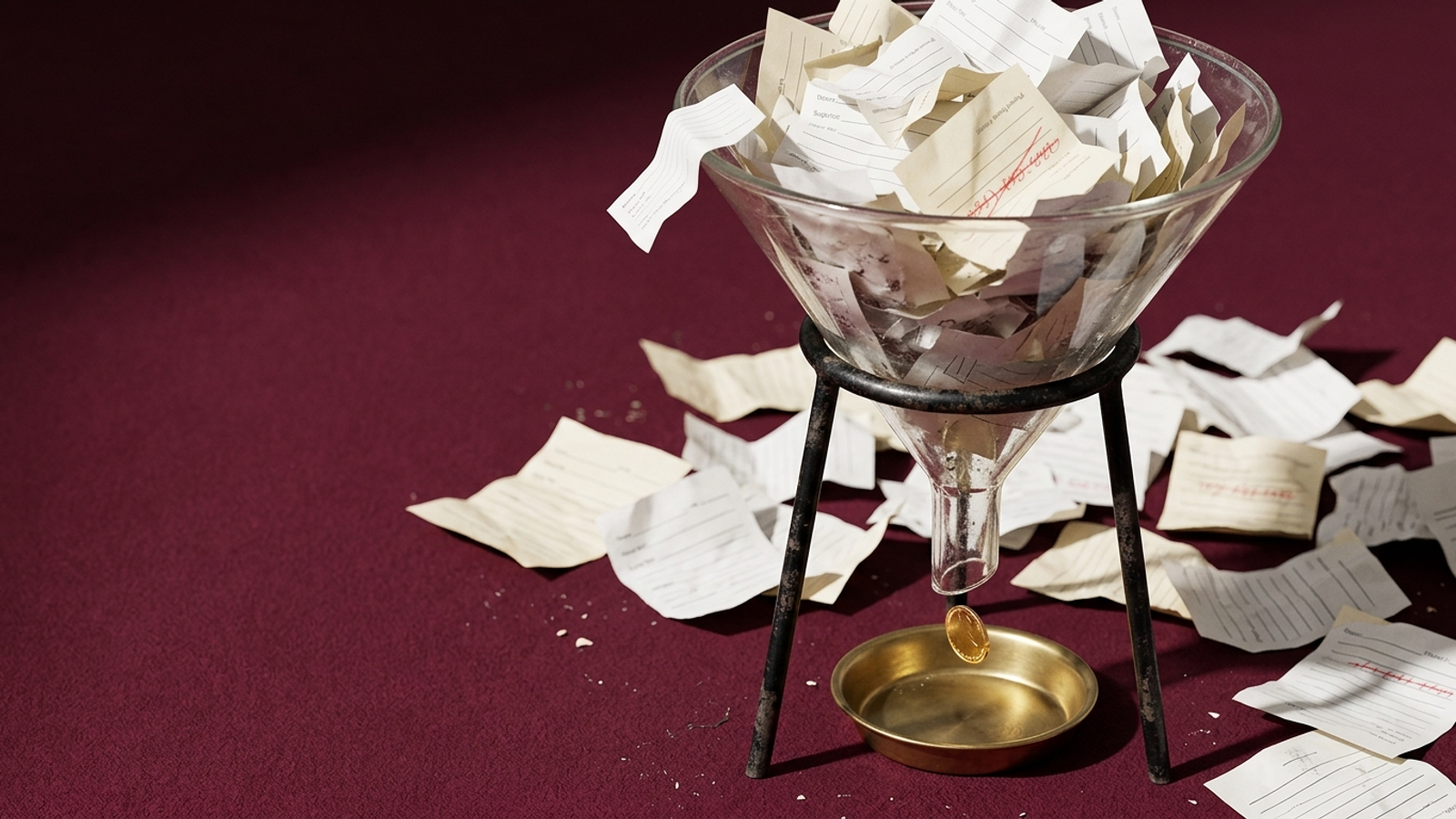 A glass funnel overflowing with paper lead forms drips out just one gold coin into an empty dish: lots of leads, almost no revenue.