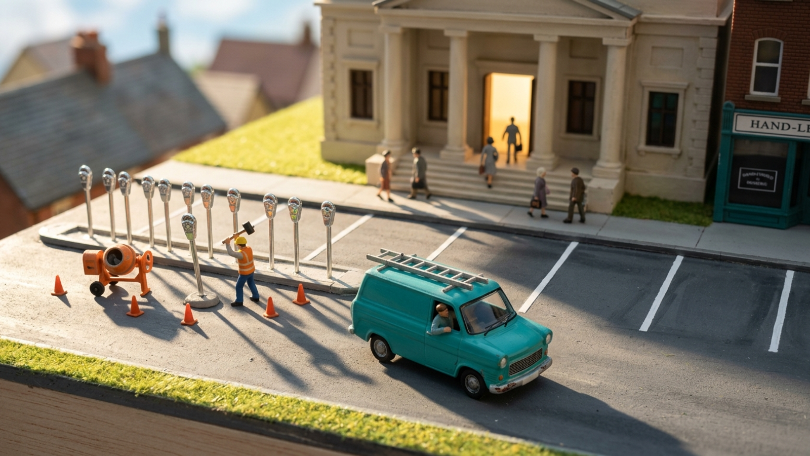 Tiny model street where workers install parking meters along a free curb outside a busy building as a small van grabs one of the last free spaces.