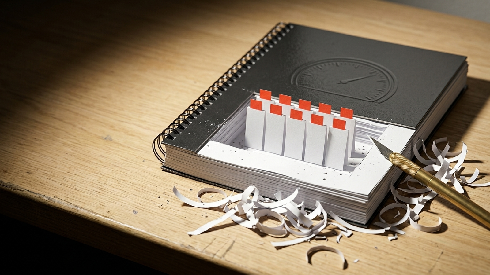 A thick audit report hollowed out with a craft knife, paper scraps around it, with only six small red-tabbed slips kept standing on top.
