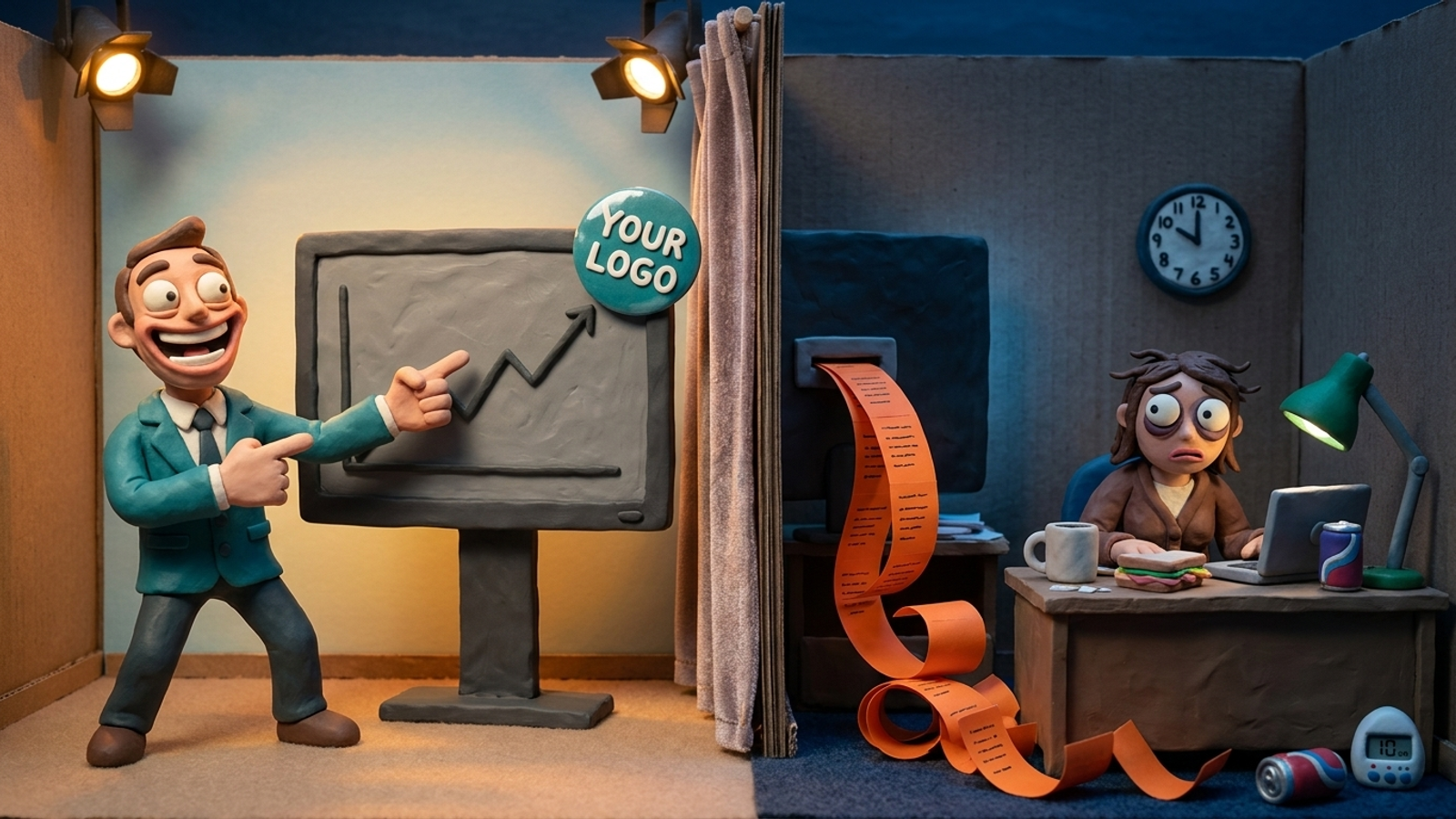 Clay salesman proudly shows a dashboard stickered 'YOUR LOGO' while behind the curtain it spews task tickets onto an exhausted staffer at 10 PM.