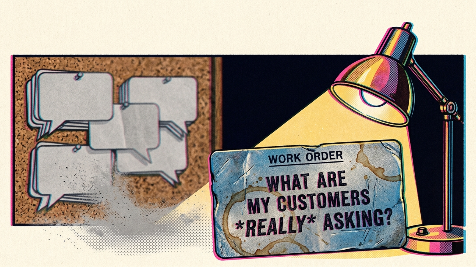 Magnifying glass comparing invented chat questions with buyer searches