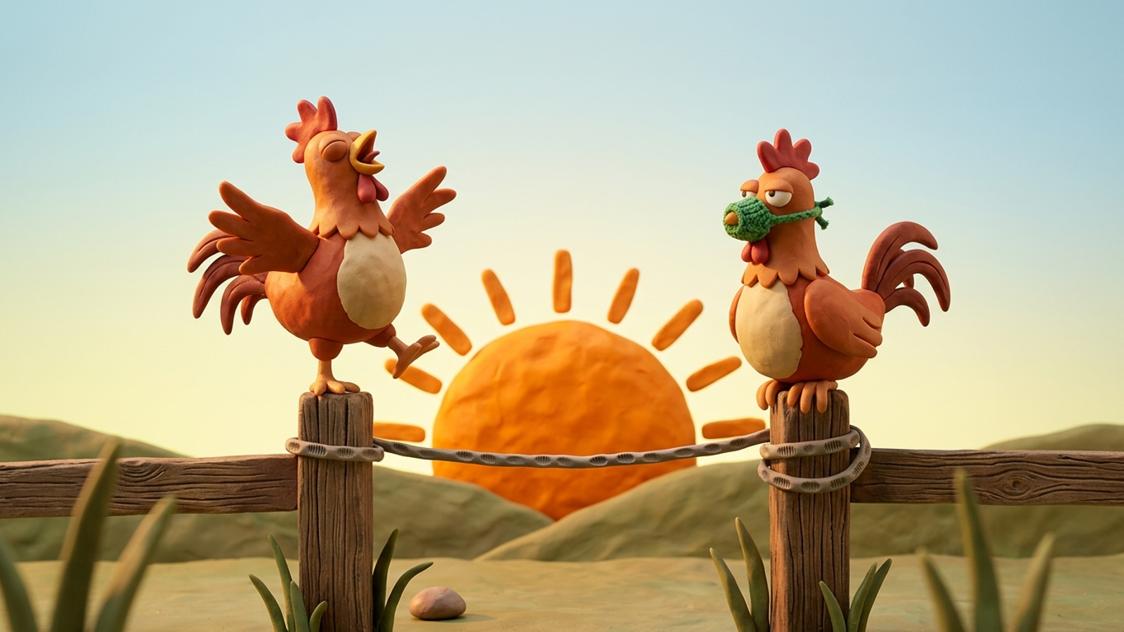 Two identical clay roosters on fence posts at dawn: one crows proudly, the other is muzzled, yet the sun rises behind both exactly the same.