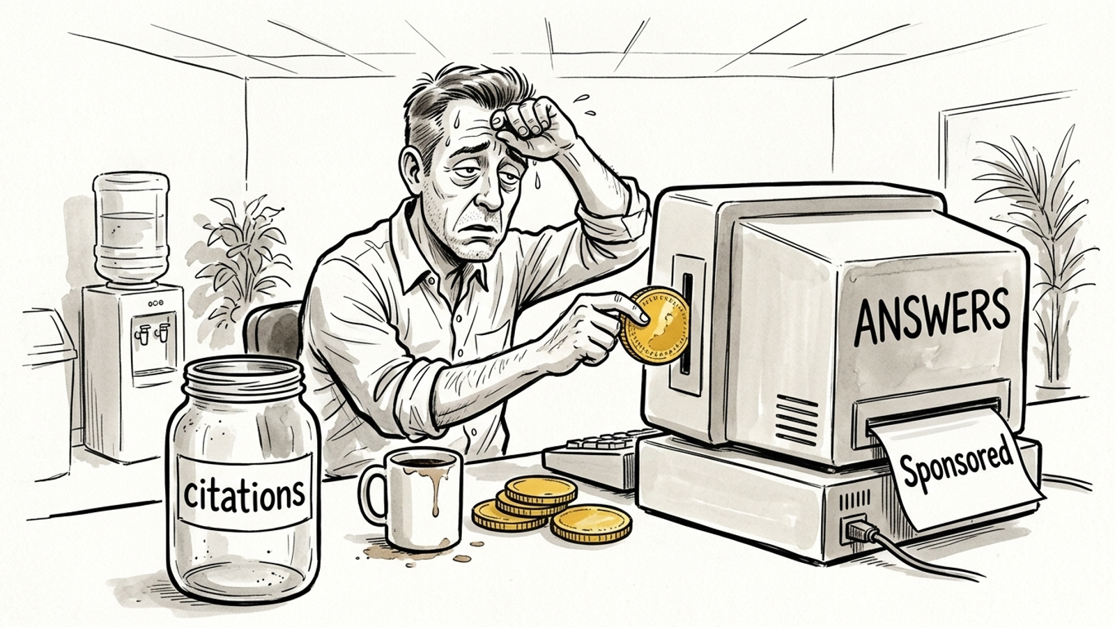 Cartoon of a PPC manager feeding coins into an answer engine that spits out a Sponsored label
