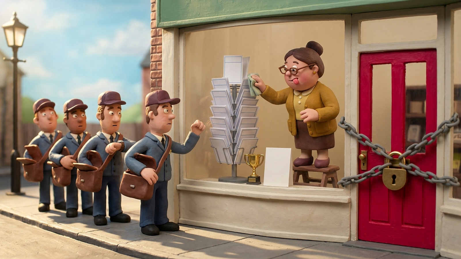 Clay figure polishes a shop window display while couriers with empty bags wait outside a padlocked door: great content is useless if AI bots can't get in.